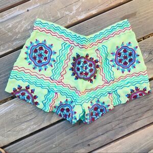 Green Embroidered flat front short shorts. Boho deluxe